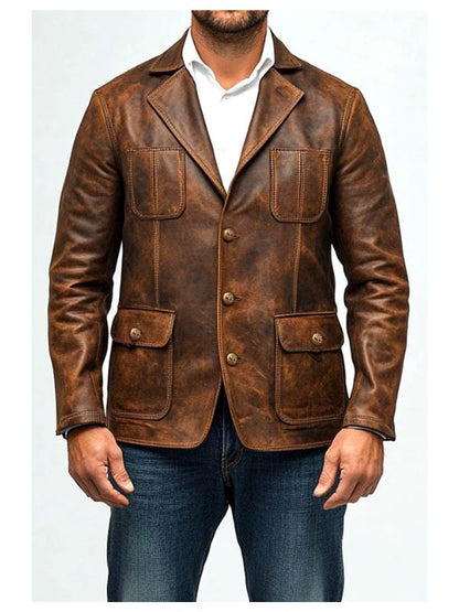 Men’s Premium Brown Distressed Leather Blazer