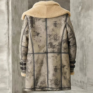 Mens Waxed B3 RAF Flying Double Collar Sheepskin Shearling Leather Long Jacket Coat