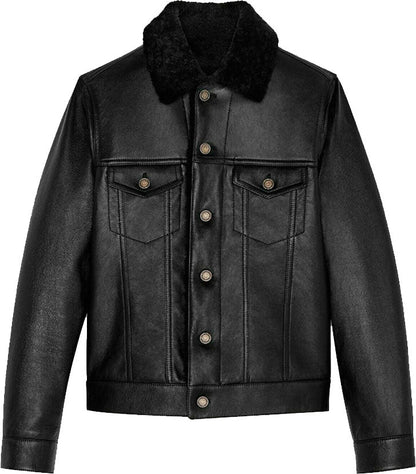 Men’s Denim Style Genuine Leather Jacket With Fur