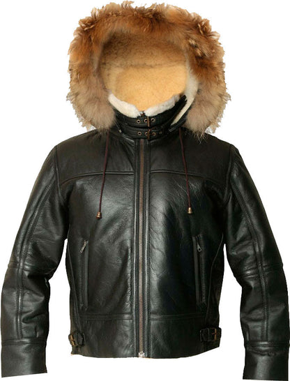 Men’s Hooded Flight Bomber Leather Jacket With Fur