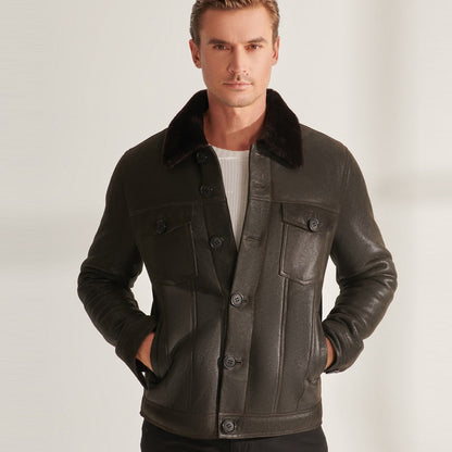Men’s Brown Sheepskin Shearling Leather Trucker Aviator Jacket