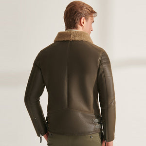 Men’s Green RAF Shearling Airforce Sheepskin Aviator Leather Jacket