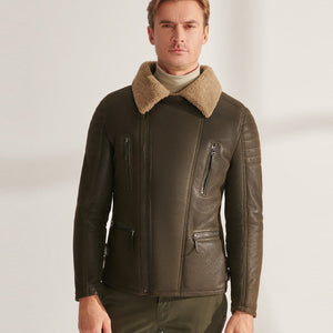 Men’s Green RAF Shearling Airforce Sheepskin Aviator Leather Jacket