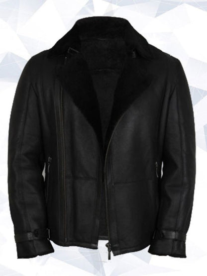 Men’s Luxury Double Aviator Black Real Shearling Sheepskin Leather Flying Jacket