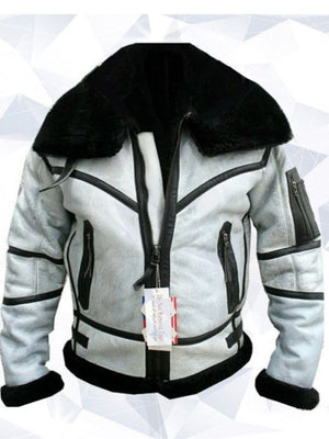 Mens WW RAF B3 Flying Fur Bomber Aviator Black Shearling Sheepskin White Leather Jacket