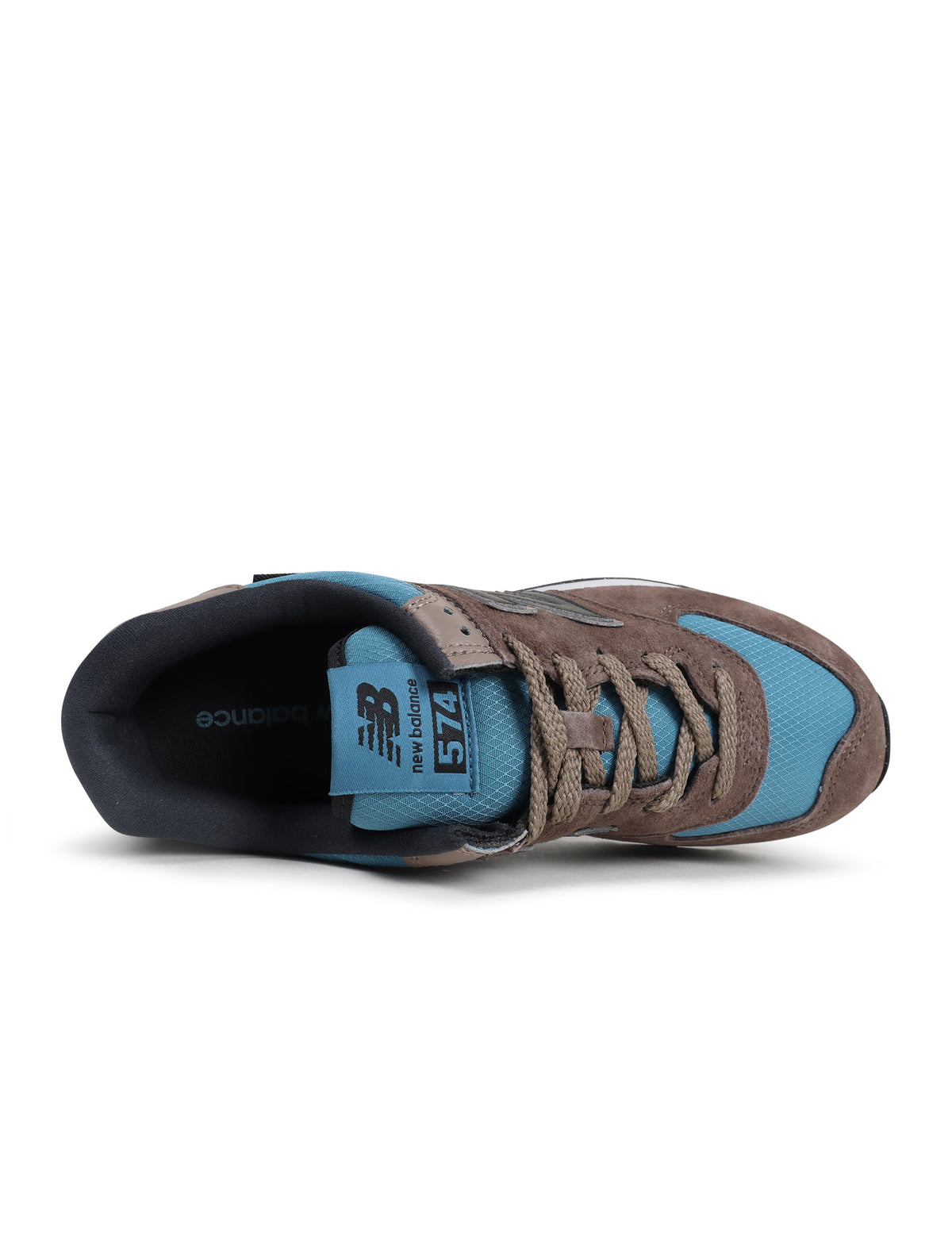 New Balance men's 574 sneakers in brown and blue with suede and mesh upper, casual athletic footwear for men.