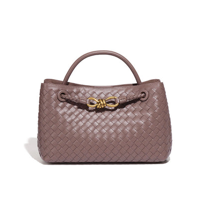 Women's Design Metal Cord Fastener Authentic Leather Weave Portable Shoulder Bags