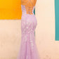 Nox Anabel P1401 Long Fitted Square Neck Tulle Skirt Slit Dress