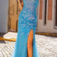 Nox Anabel P1401 Long Fitted Square Neck Tulle Skirt Slit Dress