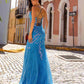Nox Anabel P1401 Long Fitted Square Neck Tulle Skirt Slit Dress
