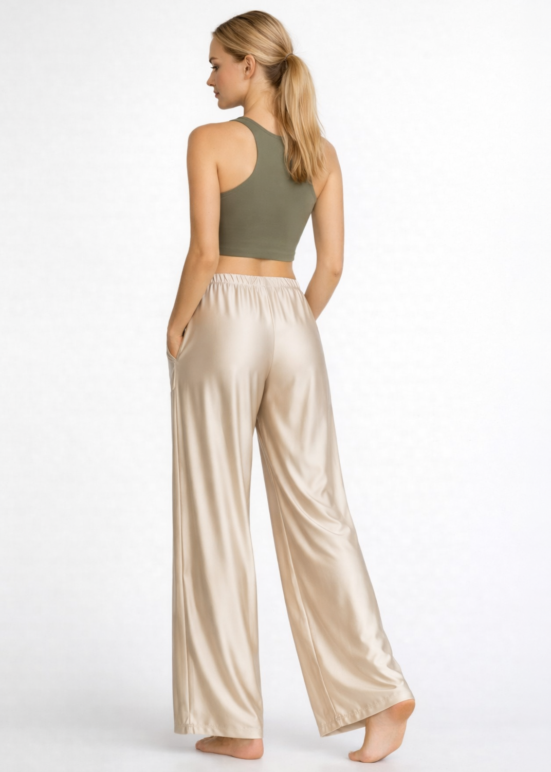 Trophy Yoga matte satin lounge pants, Made in USA, shown in a neutral color