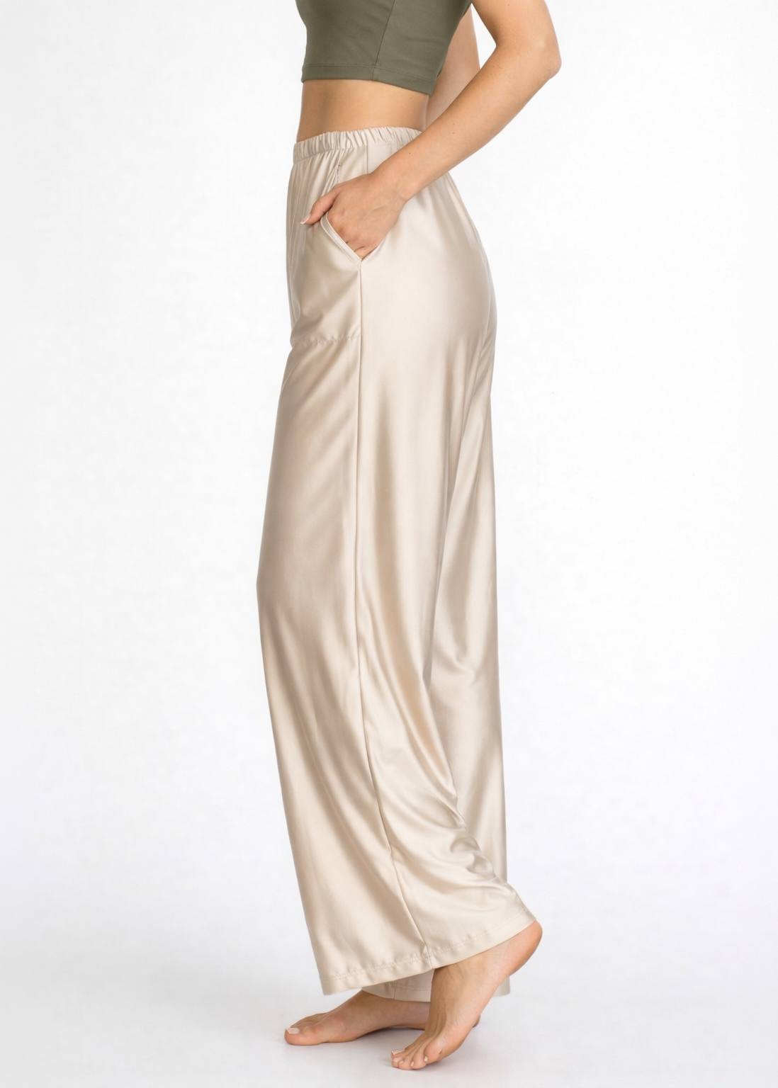 Trophy Yoga matte satin lounge pants in a neutral shade, made in USA