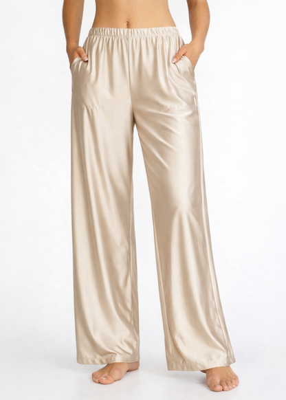 Trophy Yoga matte satin lounge pants in nude, made in USA