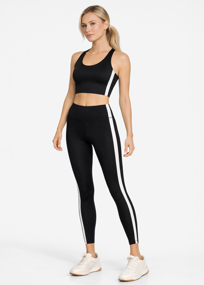 Trophy Yoga side split yoga leggings made in USA, shown in black with ankle-length design