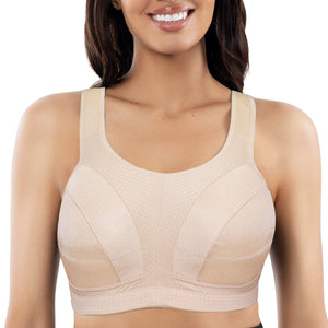 Full bust unlined sports bra by Parfait Lingerie, wire-free design, front view in a neutral bare color.