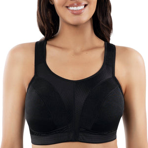 Black active full bust unlined sports bra by Parfait Lingerie, front view showing supportive design and comfortable fit.