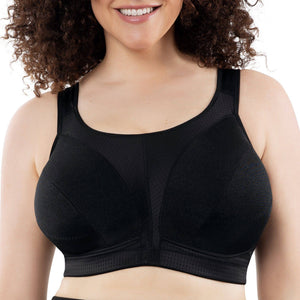 Black Parfait Lingerie active full bust unlined sports bra with wide straps and supportive design, front view.