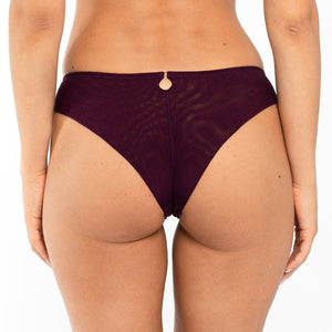 Lavinia Samanta Perla Aubergine sheer mesh tulle embroidered tanga panty showing delicate floral embroidery and semi-transparent fabric.
