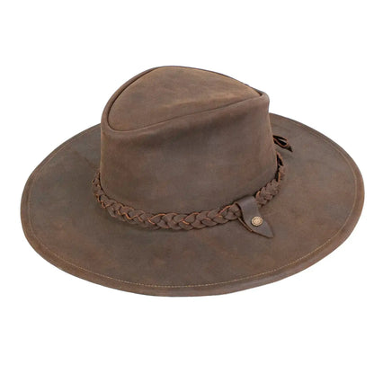 Peter Grimm Hognose leather outback hat in brown, featuring a wide brim and structured crown