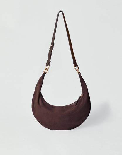 HYER GOODS Piccola Ring Bag hobo bag in chocolate suede with circular handle and compact design, stylish and versatile accessory.