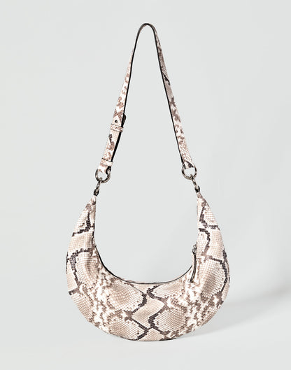HYER GOODS Piccola Ring Bag hobo bag in Python leather with a round ring handle and compact design.
