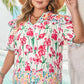 Kiara Plus Size Floral Striped Trim V Neck Blouse - Farnelli