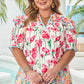 Kiara Plus Size Floral Striped Trim V Neck Blouse - Farnelli
