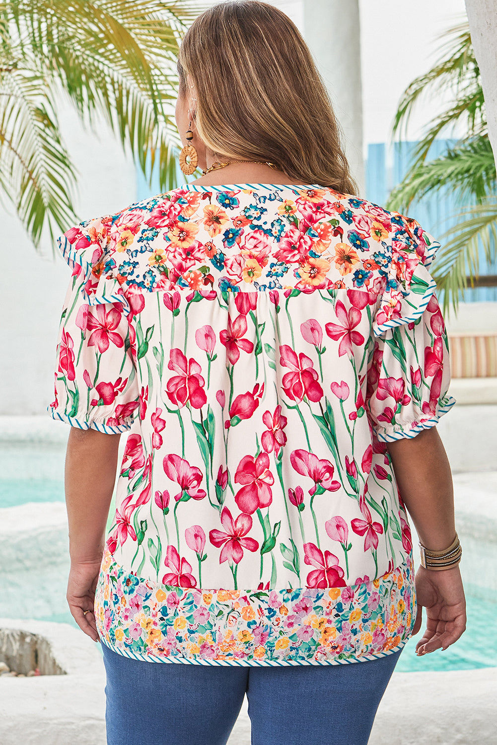 Kiara Plus Size Floral Striped Trim V Neck Blouse - Farnelli
