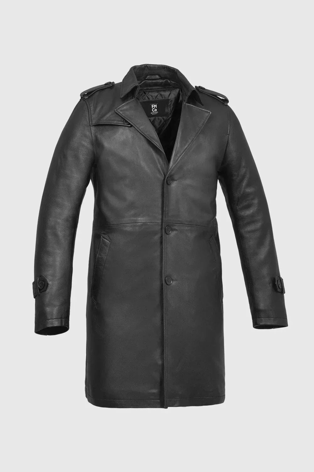 Whet Blu NYC Parker men's leather overcoat, full-length black leather jacket front view