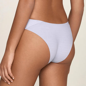 Lavinia soft semi-sheer pearl tanga panty with delicate lace details, shown from the back in the product image.