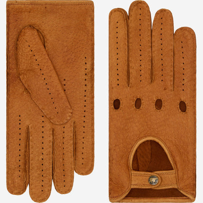 Brown Marcello Italian peccary driving gloves with detailed stitching and a luxurious finish, perfect for driving and stylish wear.