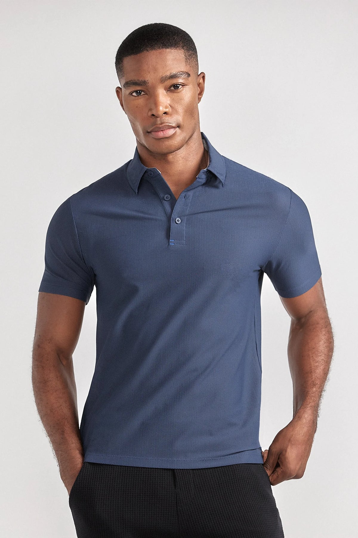 Navy AIR 3 Button Polo Solid by Twillory, casual men's shirt with three-button placket and short sleeves, front view.