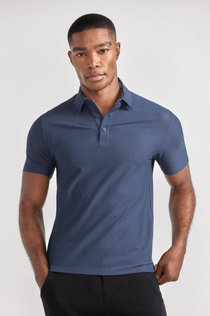 Navy AIR 3 Button Polo Solid by Twillory, casual men's shirt with three-button placket and short sleeves, front view.