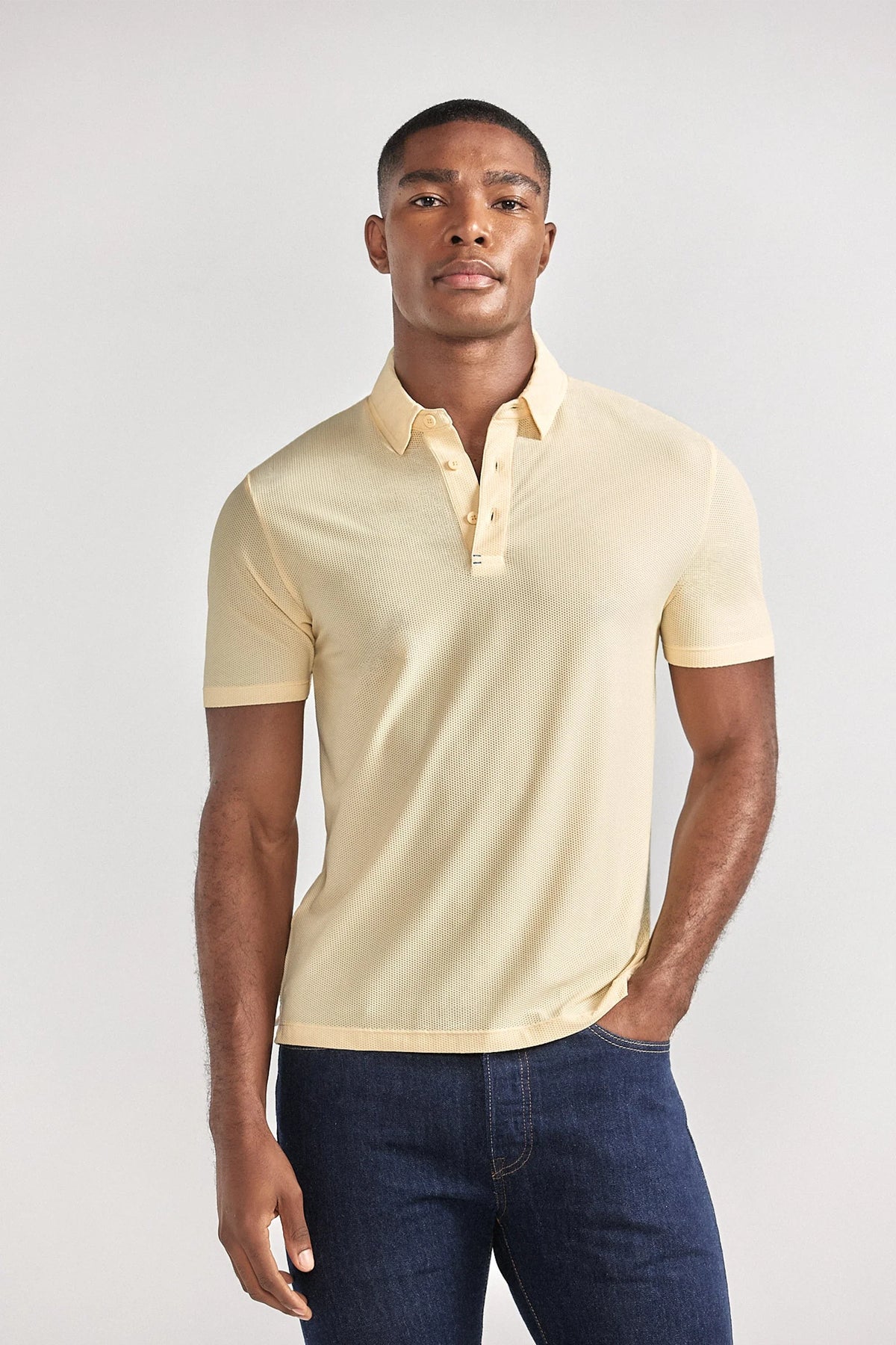 Yellow AIR 3 Button Polo by Twillory, casual men's shirt featuring a classic fit and clean design, front view.
