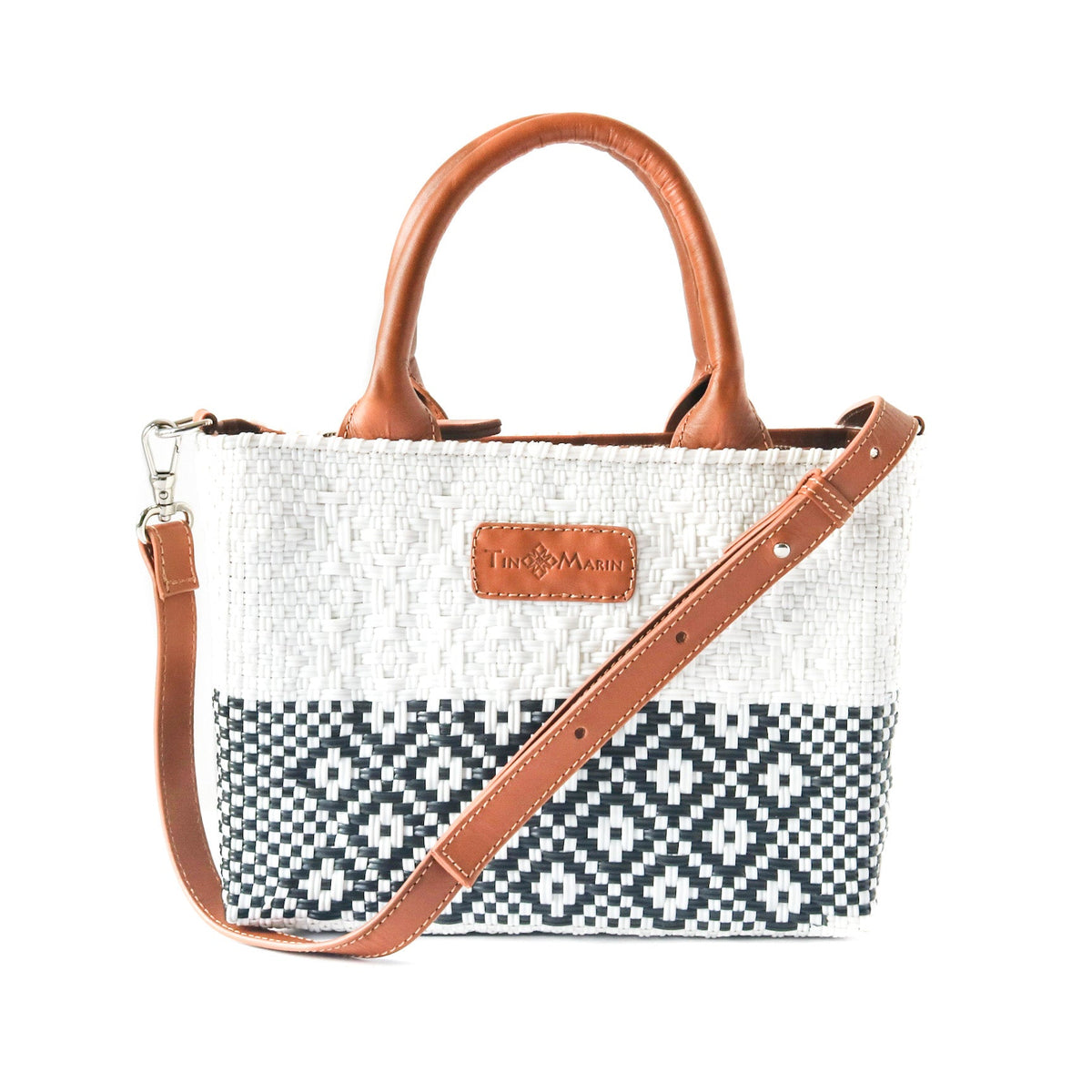 Tiny Tin Marin White woven crossbody bag with adjustable strap, small size, and intricate woven design for stylish everyday use.