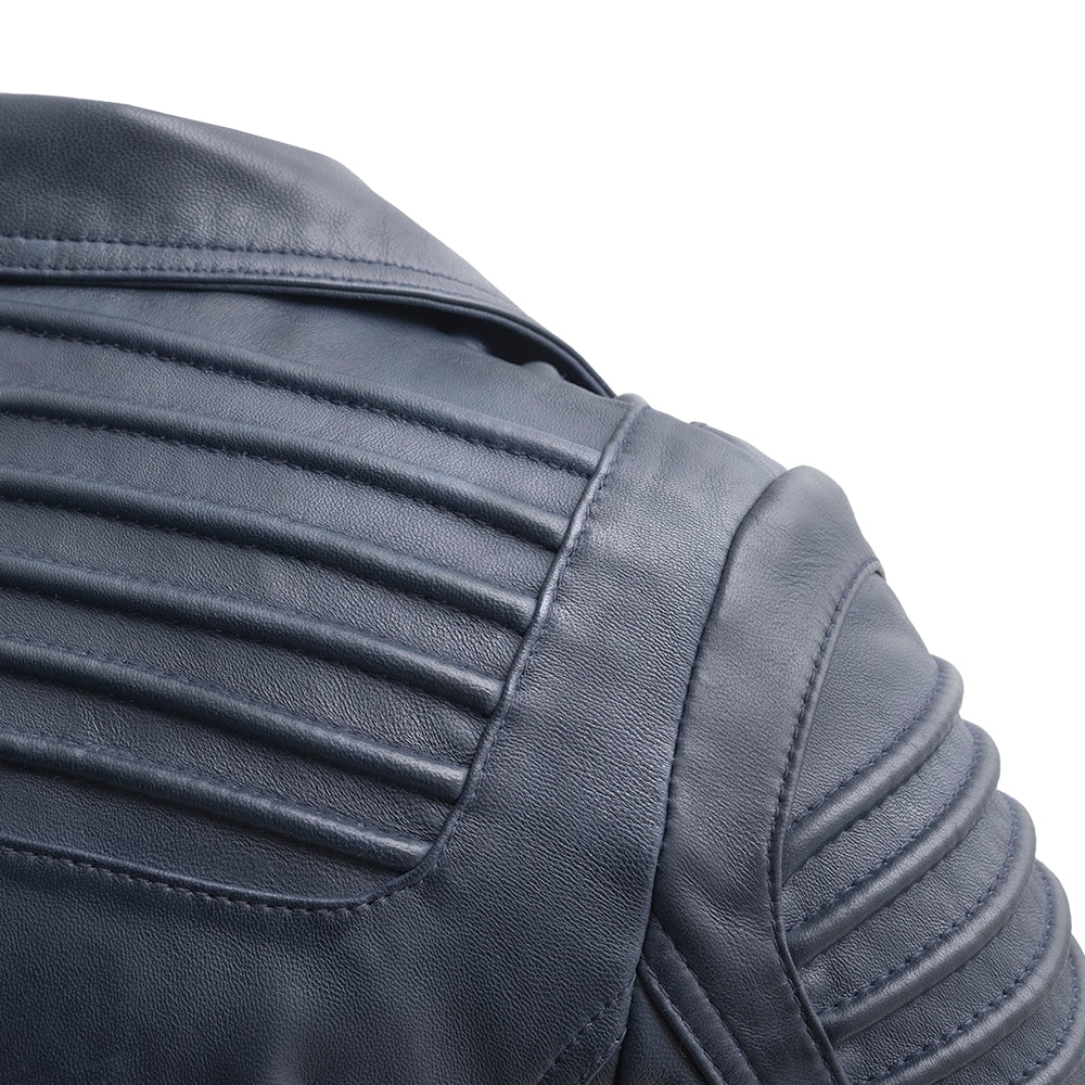 Whet Blu NYC Queens women's navy blue leather moto jacket with asymmetric zip closure