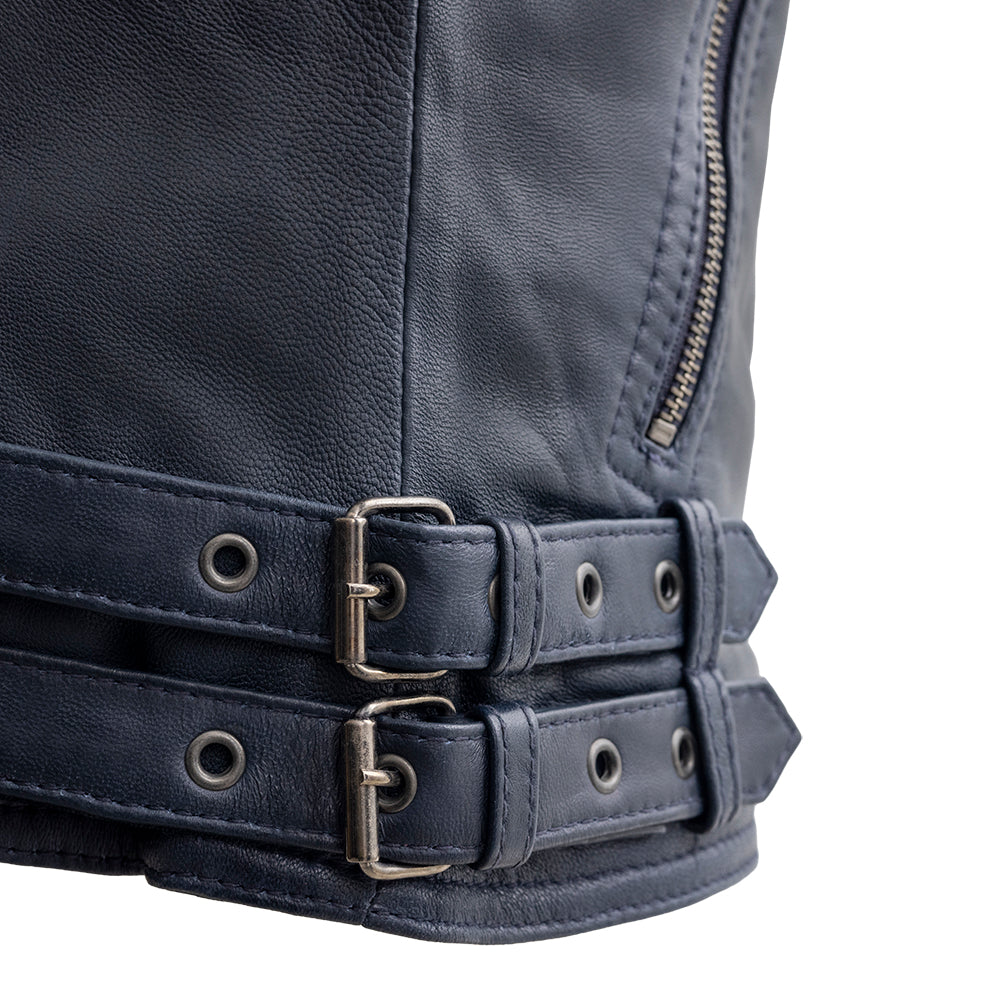 Whet Blu NYC Queens women's navy blue fashion moto leather jacket front view
