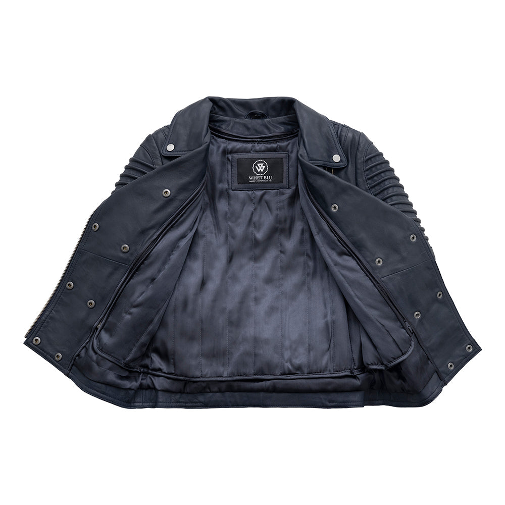 Whet Blu NYC Queens women's navy blue fashion moto leather jacket front view