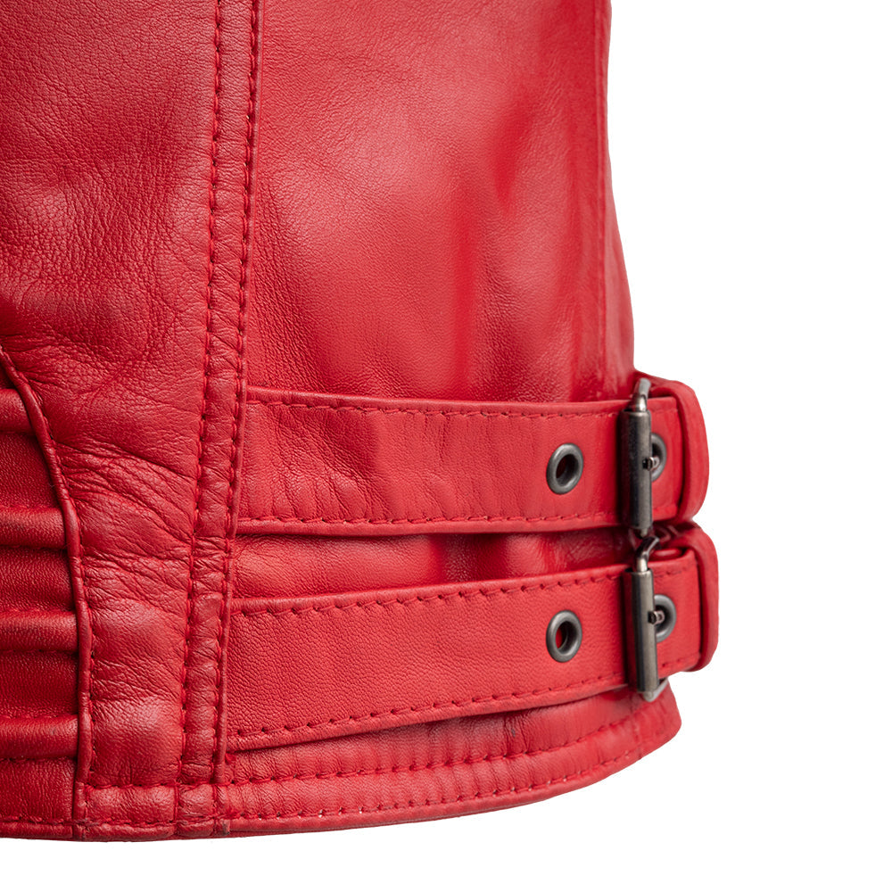 Whet Blu NYC Queens women's fire red leather moto jacket with zip front and fitted silhouette