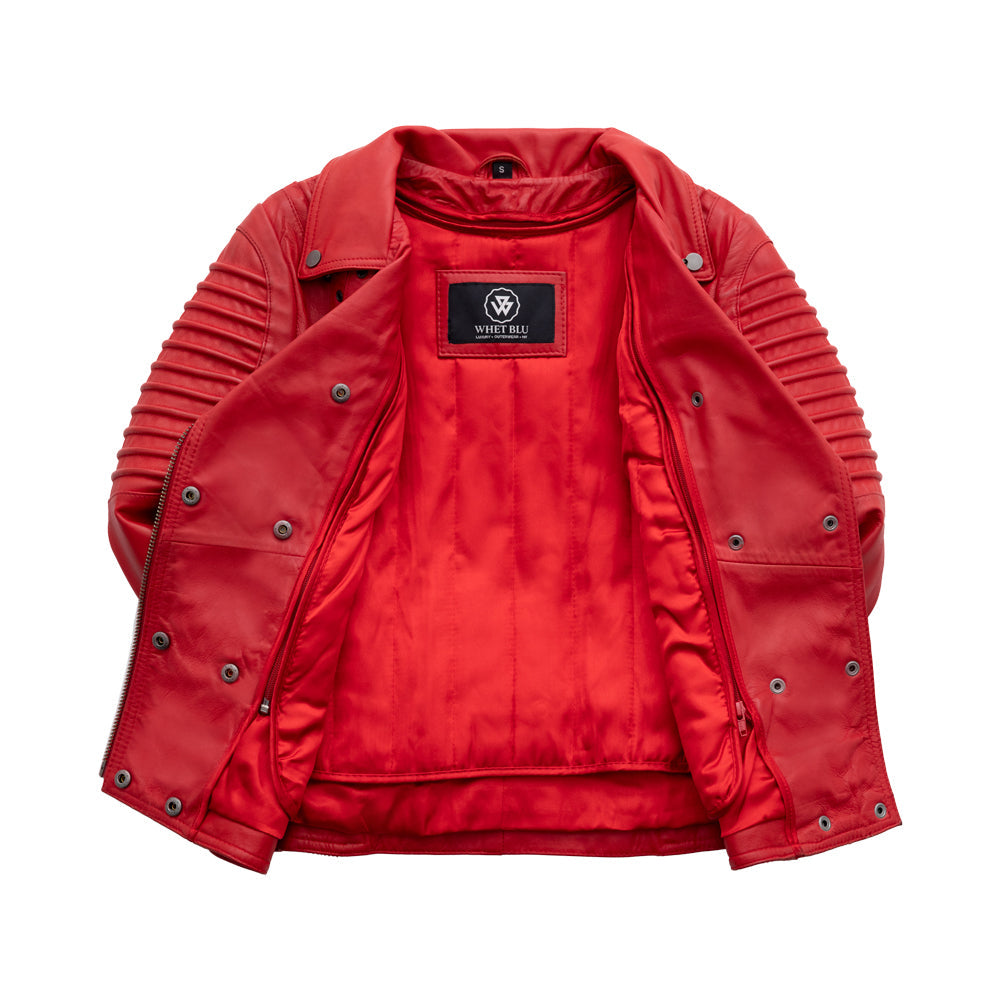 Whet Blu NYC Queens women's fire red fashion moto leather jacket (front view)