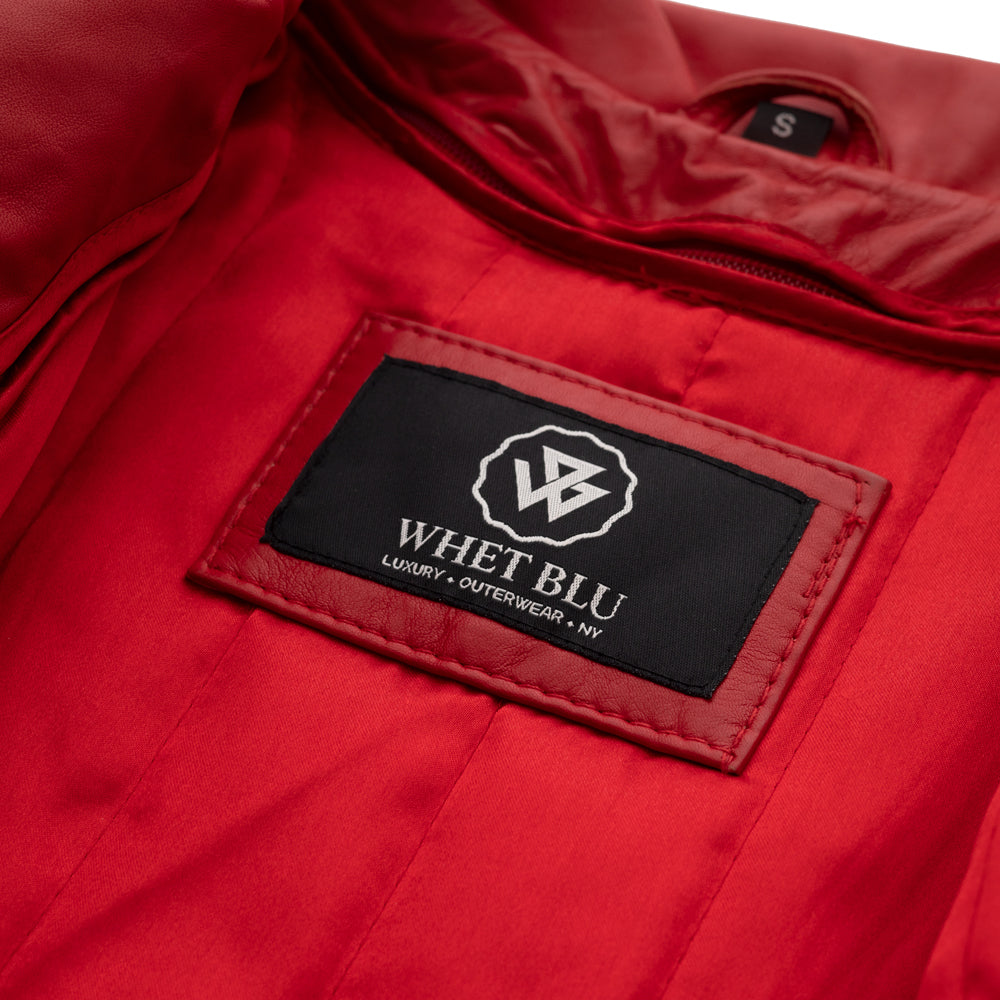 Whet Blu NYC Queens women's fire red fashion moto leather jacket front view