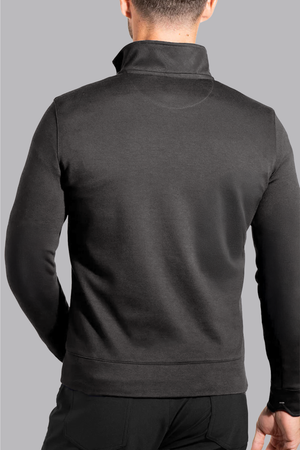 Twillory charcoal performance quarter zip shirt with a back view, showcasing the sleek design and fabric texture.
