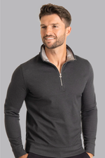 Twillory charcoal performance quarter zip shirt with front view, featuring a sleek collar and zipper closure for a modern look