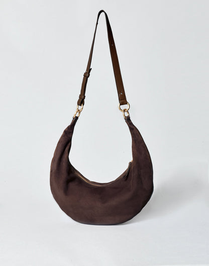 HYER GOODS Ring Bag in chocolate suede, hobo style with rounded shape and shoulder strap, soft textured leather.