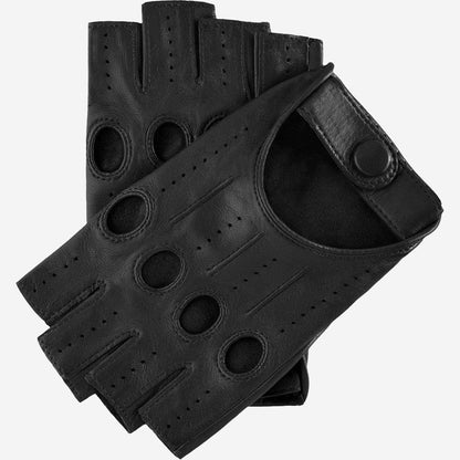 Black Rossana Italian fingerless lambskin leather driving gloves with detailed stitching and a sleek, stylish design.