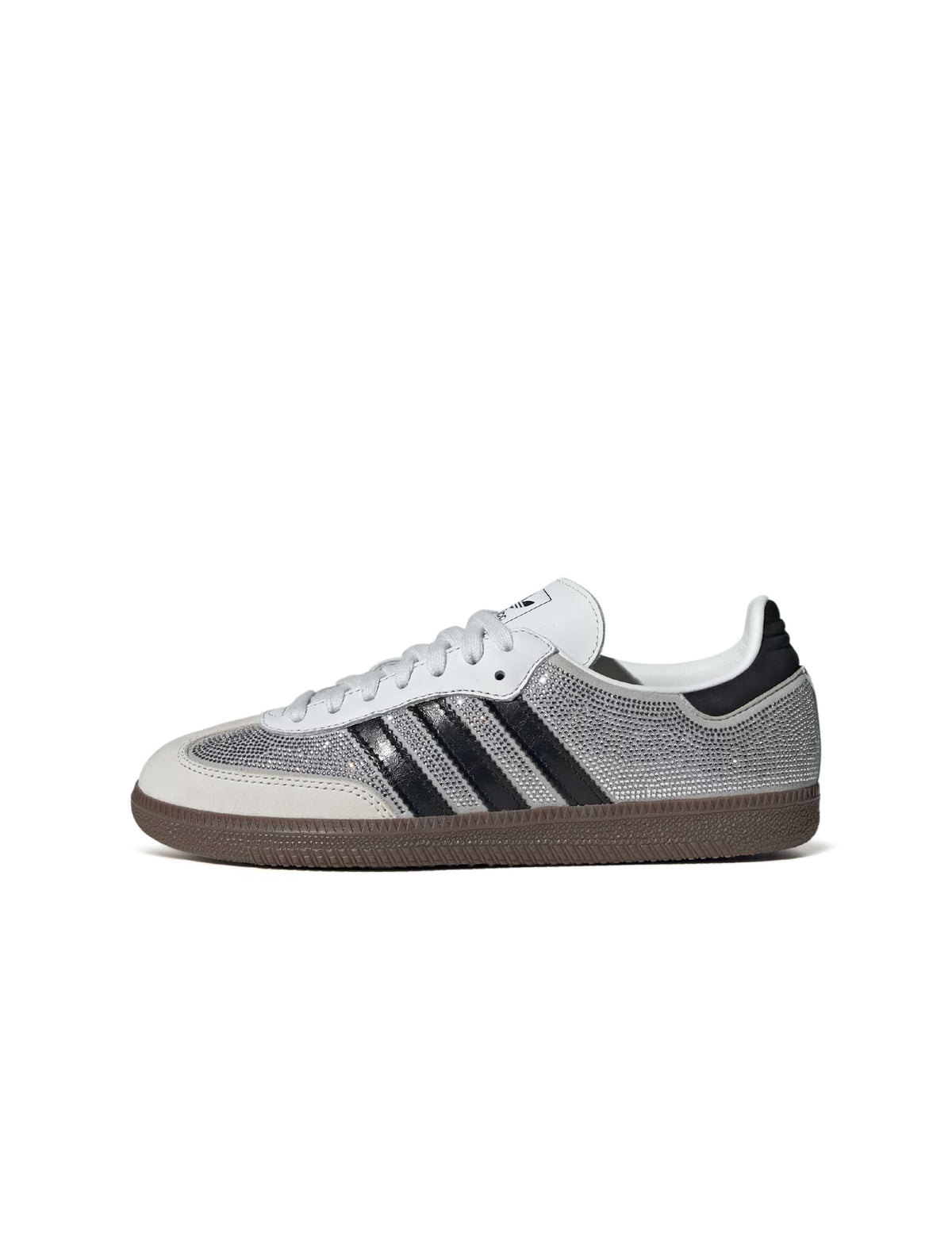 White Adidas Women's Samba OG shoes with rhinestone accents, featuring classic sneaker design and white laces.