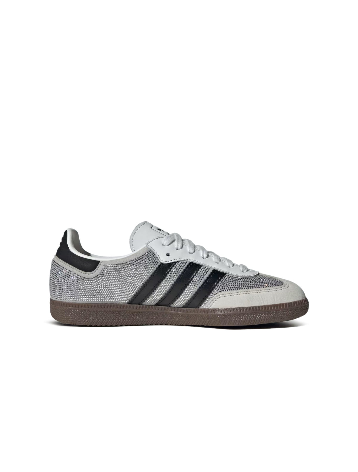 Adidas Women's Samba OG white sneakers with rhinestone accents, classic leather footwear for women.