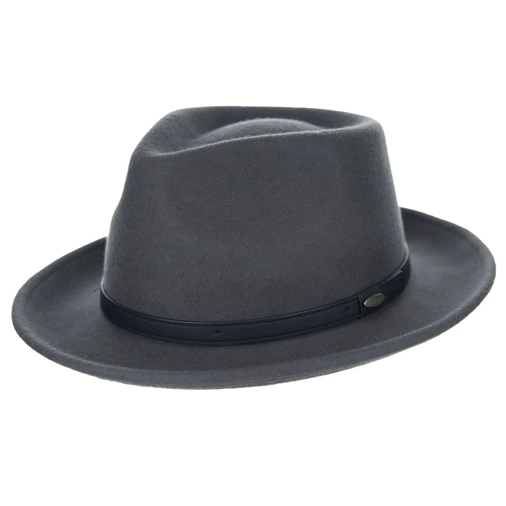 Scala Solomon soft wool fedora hat in grey, three-quarter view by HatCountry