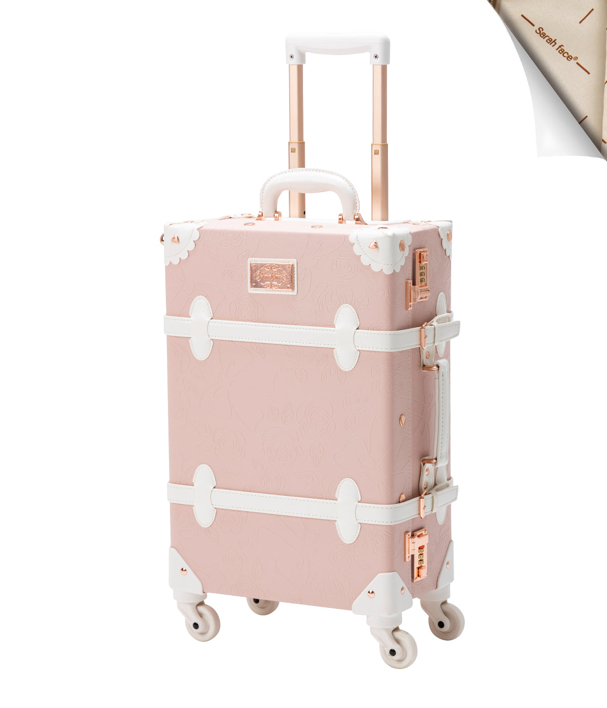 COTRUNKAGE SarahFace Carry-on luggage in embossed pink with sleek design and sturdy handle, perfect for travel.