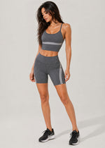 Trophy Yoga Curve Panel biker shorts, gray stretch design, made in USA